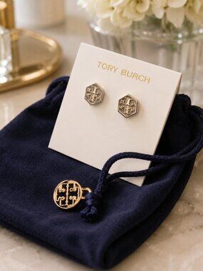 Tory Burch Gold Logo Stud Earrings Hexagon Emblem NWT